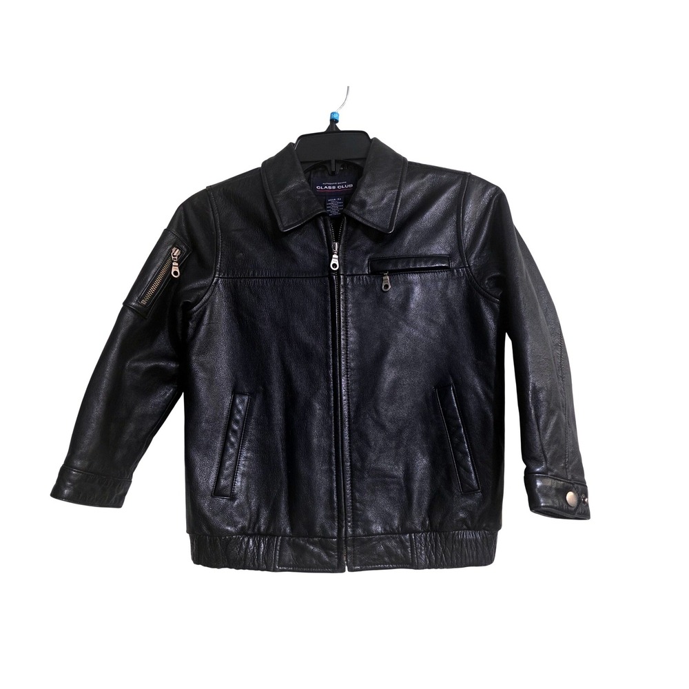 Class Club Boys Black Genuine Leather‎ Bomber Jacket Zip Up Coat Size XS 4-5